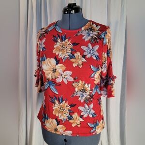 Floral Red Women's Cold-shoulder Top, Bow & Ruffled Sleeve from CURE.